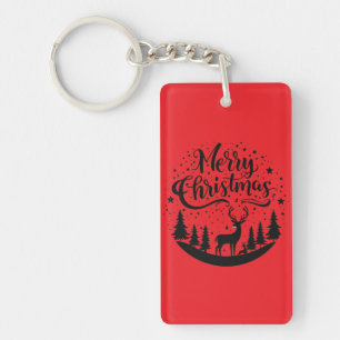 Classic Merry Christmas Deer and Tree Design Art Key Ring