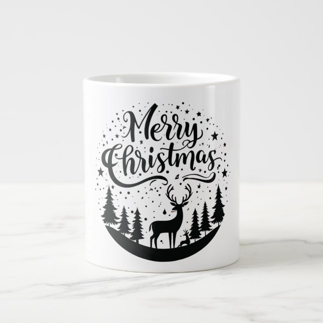 Classic Merry Christmas Deer and Tree Design Art Large Coffee Mug (Front)