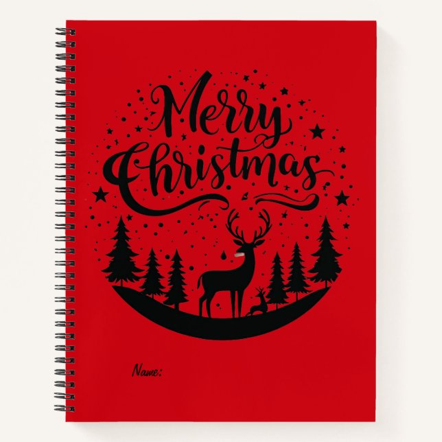 Classic Merry Christmas Deer and Tree Design Art Notebook (Front)