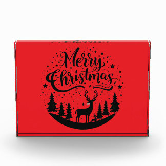 Classic Merry Christmas Deer and Tree Design Art Photo Block