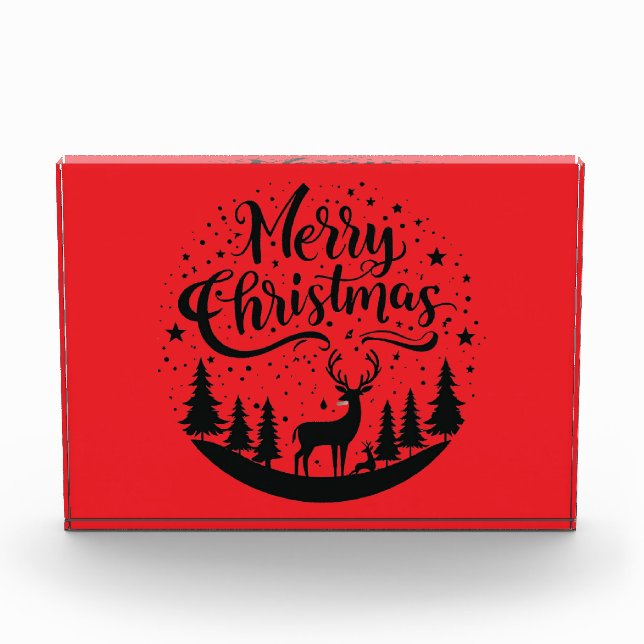 Classic Merry Christmas Deer and Tree Design Art Photo Block (Front)