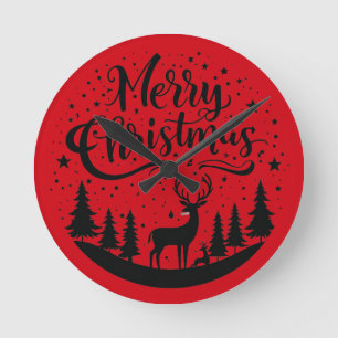 Classic Merry Christmas Deer and Tree Design Art Round Clock