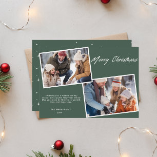 Classic Merry Christmas Family Two Photo Green Holiday Card