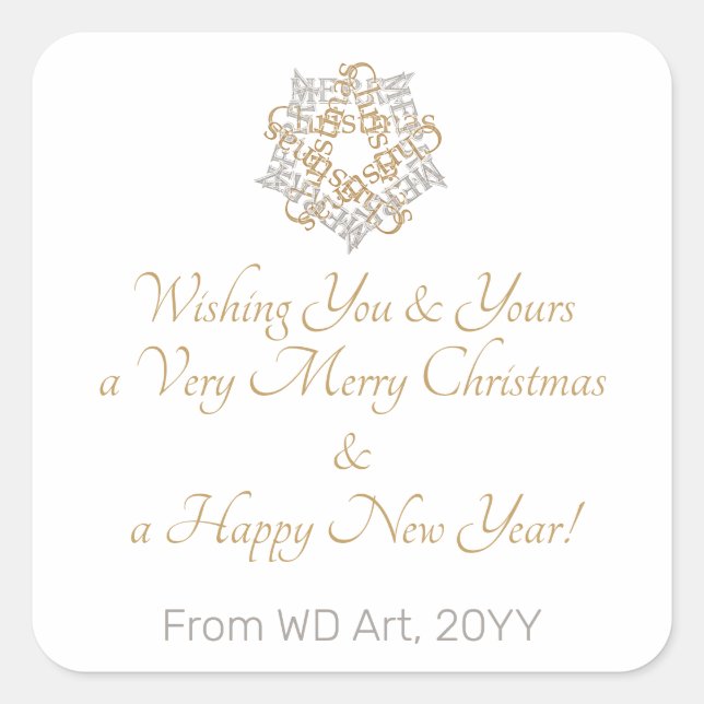 Classic Merry Christmas Gold, Silver Calligraphy Square Sticker (Front)