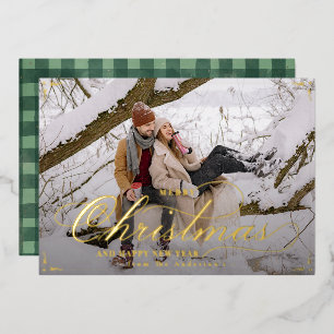 Classic Merry Christmas Green Gingham Custom Photo