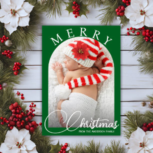 Classic Merry Christmas Green & White Family Photo Holiday Card