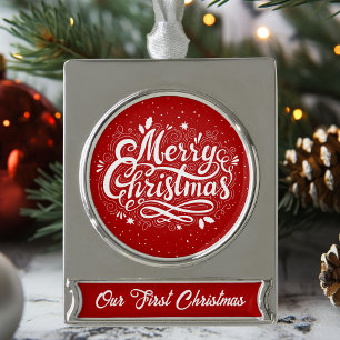Classic Merry Christmas Our First Christmas Custom Silver Plated Banner Ornament