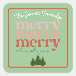 Classic Merry Christmas Pine Trees Green Red Name Square Sticker