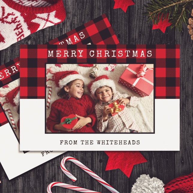 Classic Merry Christmas Red Buffalo Plaid Photo Ho Holiday Card (Creator Uploaded)