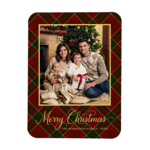 Classic Merry Christmas Red Plaid Photo Magnet