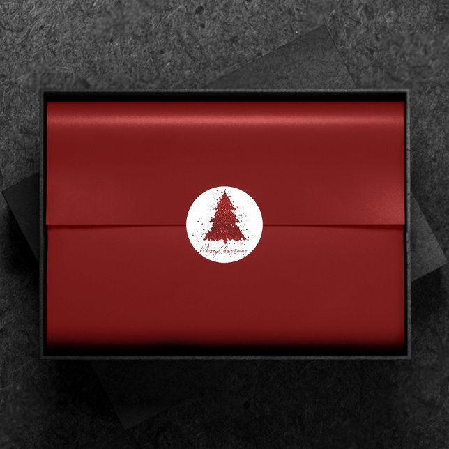 Classic Merry Christmas | Rich Crimson Red Tree Round Sticker (Creator Uploaded)
