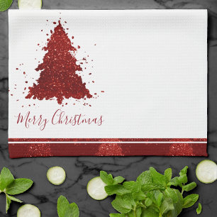 Classic Merry Christmas   Rich Crimson Red Tree Tea Towel