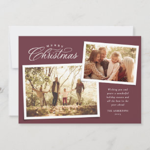 Classic Merry Christmas script two photo mauve Holiday Card