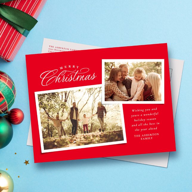 Classic Merry Christmas script two photo red Holiday Postcard (Creator Uploaded)