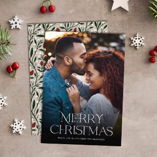 Classic Merry Christmas Text Floral Back Photo Holiday Card
