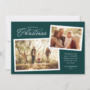 Classic Merry Christmas two photo dark green Holiday Card