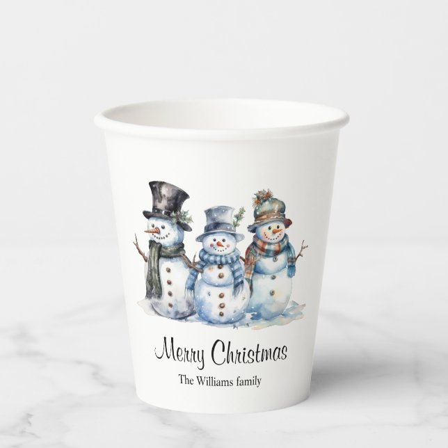 Classic Merry Christmas Watercolor Snowman Party Paper Cups (Front)