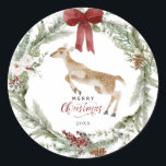 Classic Merry Christmas Winter Holiday Wreath Classic Round Sticker<br><div class="desc">Beautiful winter wreath and deer scene.  Ideal for all your Merry Christmas greetings this holiday season.  Easily customise to make it your own.</div>