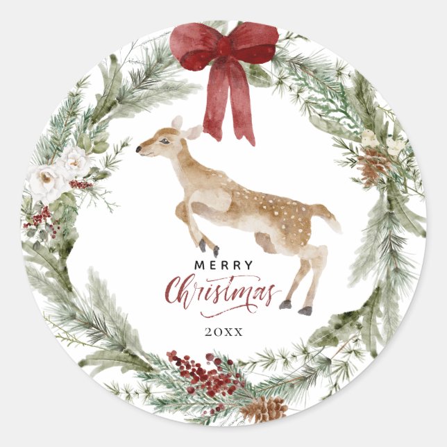 Classic Merry Christmas Winter Holiday Wreath Round Sticker (Front)