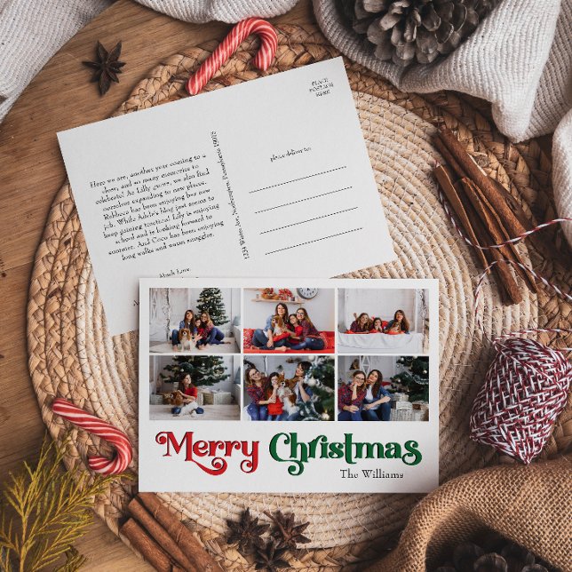 Classic Merry Christmas Year In Review 6 Photo Holiday Postcard (Creator Uploaded)
