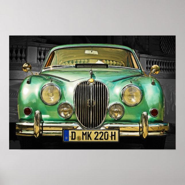 Classic Metallic Green Jaguar Sedan Poster (Front)