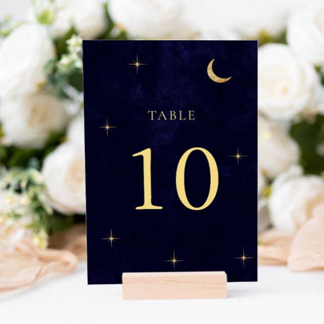 Classic Midnight Celestial Gold Moon Stars Wedding Table Number (Creator Uploaded)