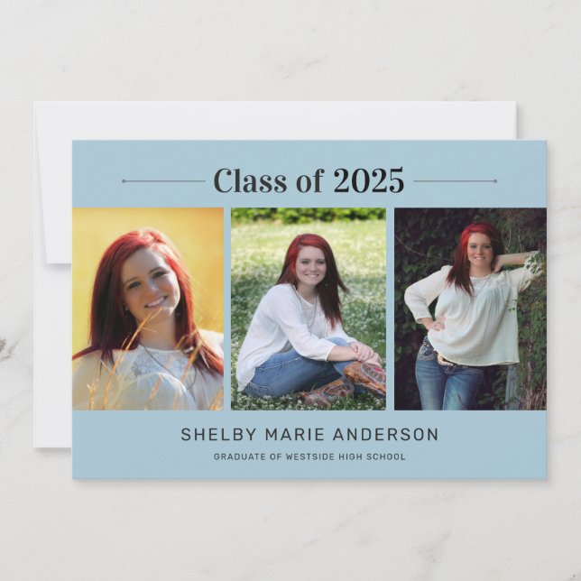 Classic Minimal 3 Photos Blue 2025 Graduation Invitation (Front)