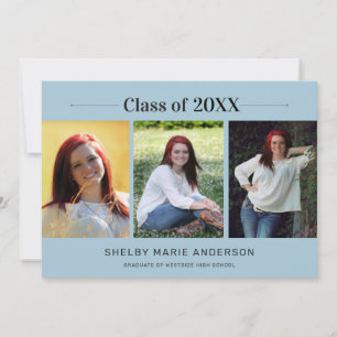 Classic Minimal 3 Photos Blue 2026 Graduation Invitation