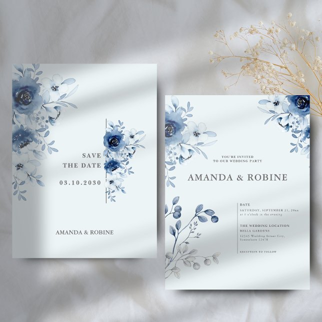 Classic Minimal Blue Floral Wedding Invitation (Creator Uploaded)