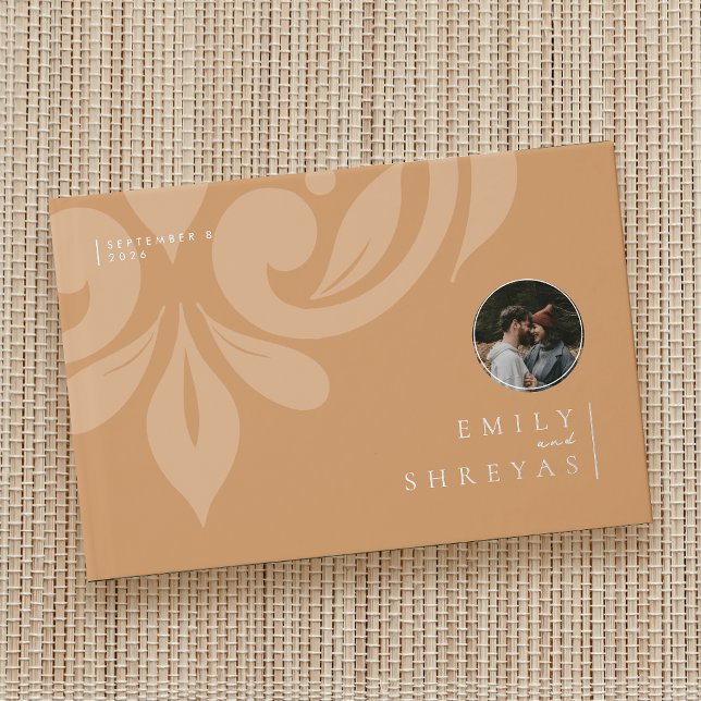 Classic Minimal Damask Ochre Photo Wedding Guest Book (Creator Uploaded)