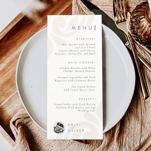 Classic Minimal Damask Pale Olive Photo Wedding Menu (Creator Uploaded)
