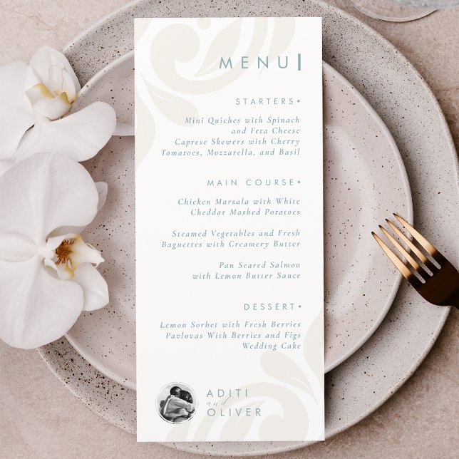 Classic Minimal Damask Pewter Blue Photo Wedding Menu (Creator Uploaded)