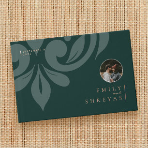 Classic Minimal Damask Phthalo Green Photo Wedding Guest Book