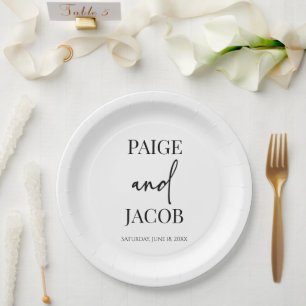 Classic Minimal Minimalist Custom Names Wedding Paper Plate