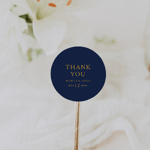 Classic Minimal Navy Blue Gold Thank You Wedding Round Sticker