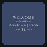 Classic Minimal Navy Blue | Silver Wedding Welcome Square Sticker<br><div class="desc">This classic minimal navy blue | silver wedding welcome square sticker is great for a simple modern romantic and elegant wedding. The dark navy blue colour palette and minimal vintage typography give it a classy chic formal touch. The design is flexible, perfect for a basic contemporary evening, spring, fall, summer,...</div>