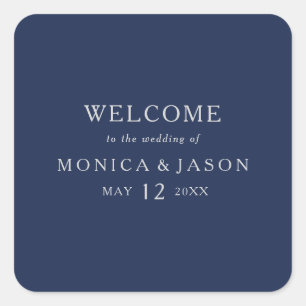 Classic Minimal Navy Blue   Silver Wedding Welcome Square Sticker
