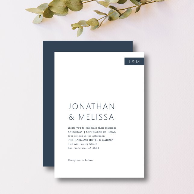 Classic Minimal Navy Blue & White Monogram Wedding Invitation (Creator Uploaded)