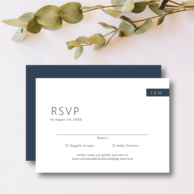 Classic Minimal Navy Blue & White Monogram Wedding RSVP Card (Creator Uploaded)