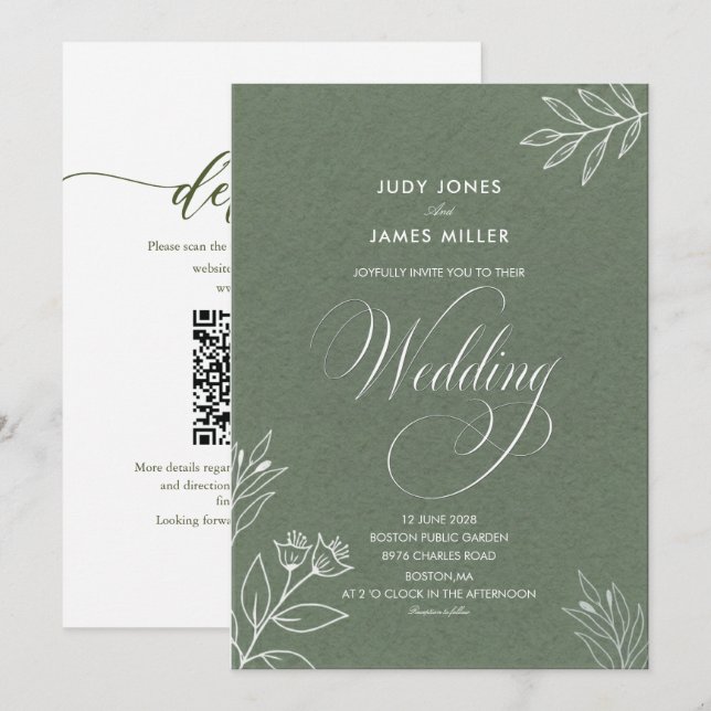 classic minimal simple rustic sage green wedding   invitation (Front/Back)