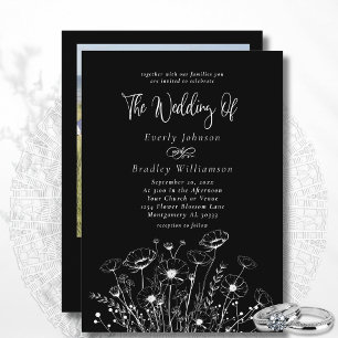 Classic Minimal White Wildflower Black Wedding  Invitation