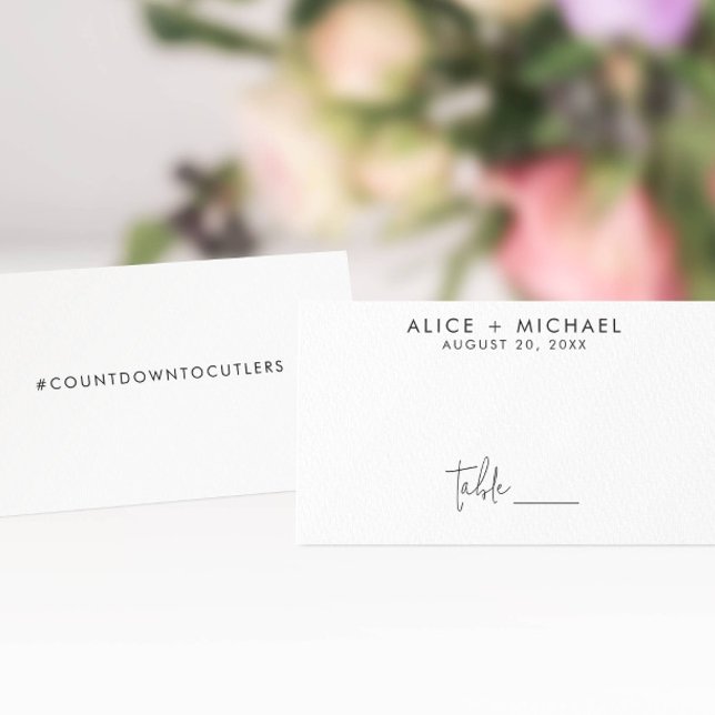 Classic Minimalist Black and White Place Card (Personalize this table card with your wedding hashtag or other message on the back.)