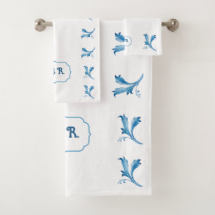 Classic Minimalist Blue Tile Leaf Ornaments  Bath Towel Set