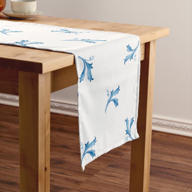 Classic Minimalist Blue Tile Leaf Ornaments Short Table Runner (In Situ)