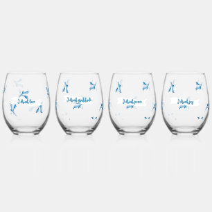 Classic Minimalist Blue Tile Leaf Ornaments Stemless Wine Glass