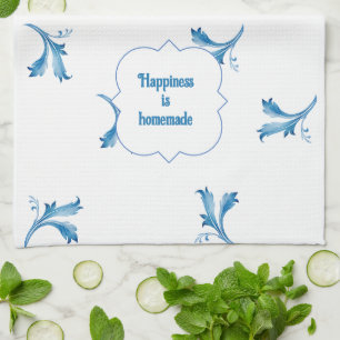 Classic Minimalist Blue Tile Leaf Ornaments  Tea Towel