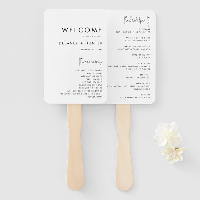 Classic Minimalist Custom Wedding Paper Program Hand Fan (Front and Back)