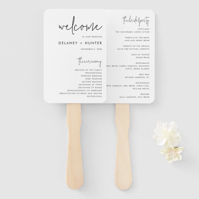 Classic Minimalist Editable Wedding Paper Program Hand Fan (Front and Back)
