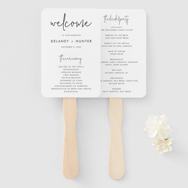 Classic Minimalist Editable Wedding Paper Program Hand Fan (Front and Back)
