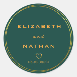 Classic Minimalist Emerald Green & Gold Wedding Round Sticker